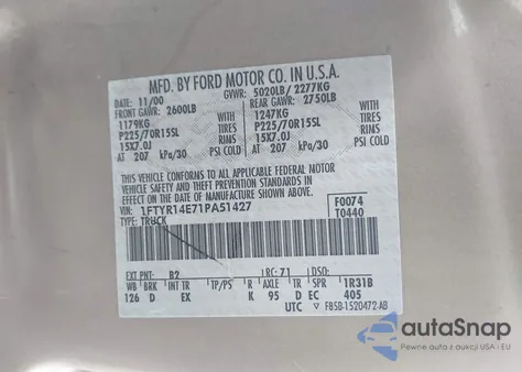 2001 Ford Ranger Edge/Xlt из США, поврежденный, VIN 1FTYR14E71PA51427